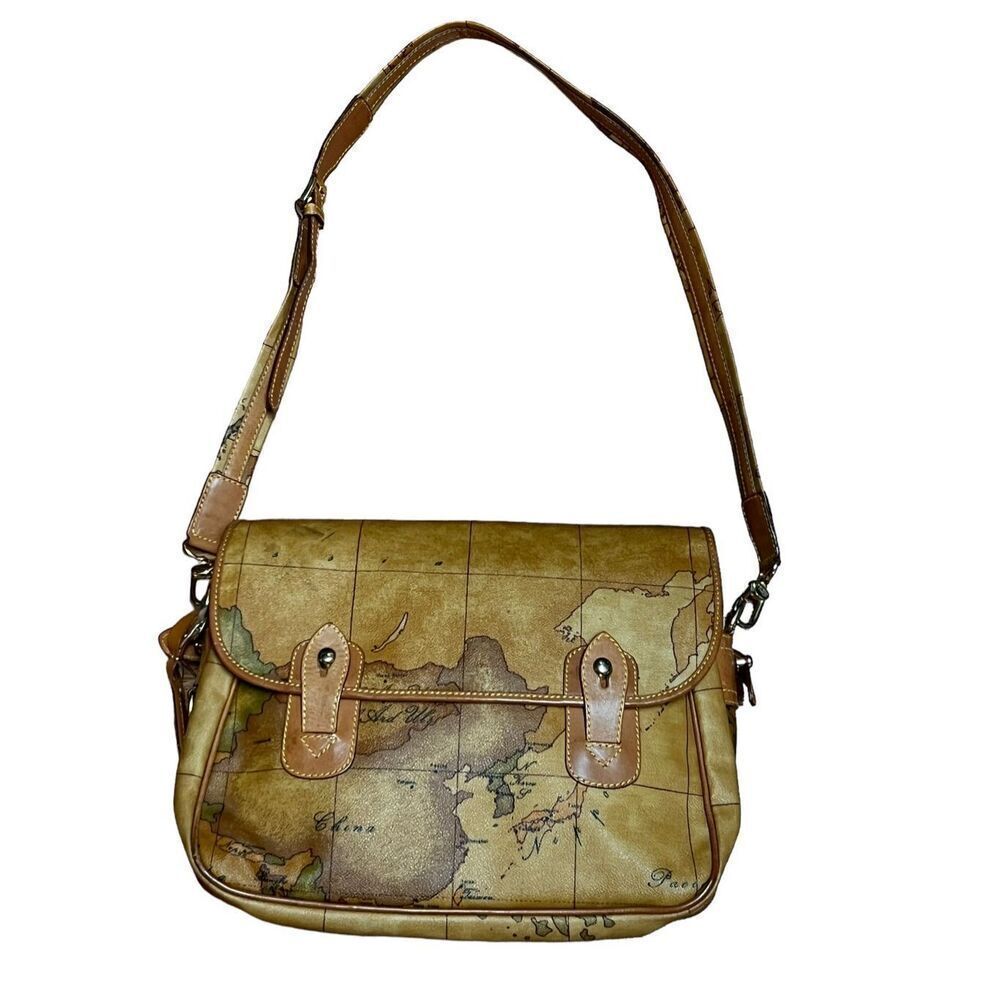 Alviero Martini 1classe brown global world map geographical satchel crossbody